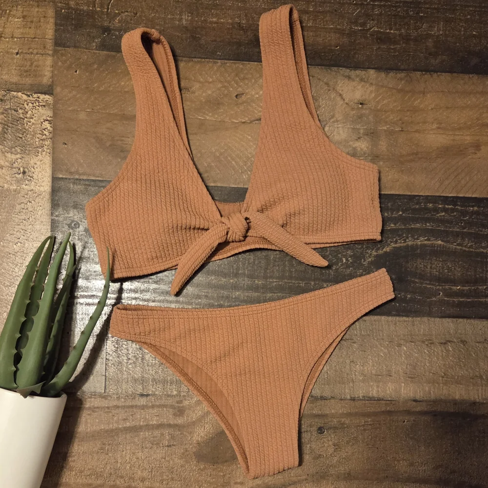 New Rust Ribbed Textured Tie Bikini Set S Small - Picture 1 of 7
